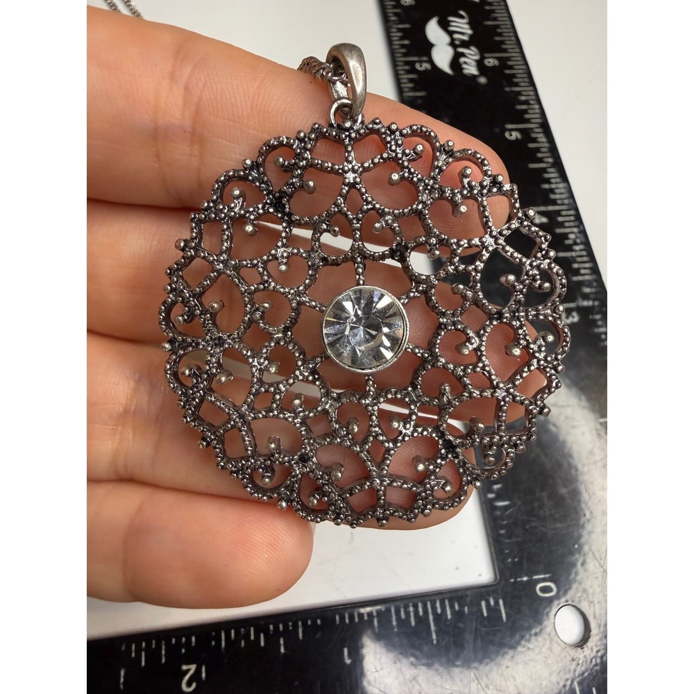 Silver Tone Filigree Medallion Crystal Center Necklace Statement Pendant